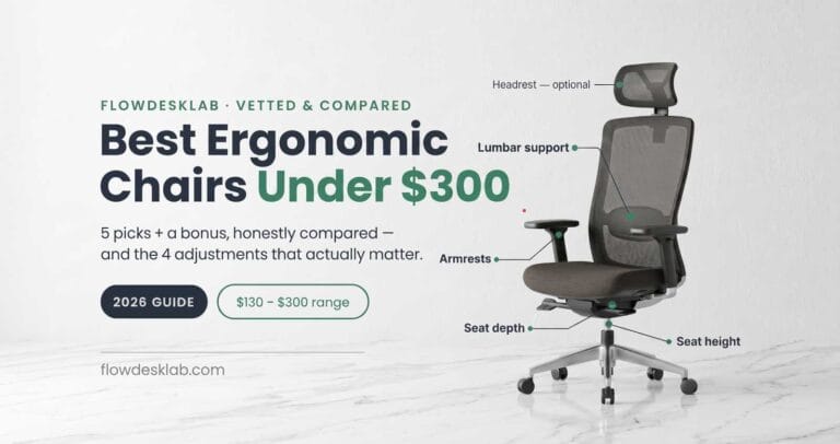 Ergonomic mesh office chair under $300 with adjustable lumbar support and armrests at a home-office desk.