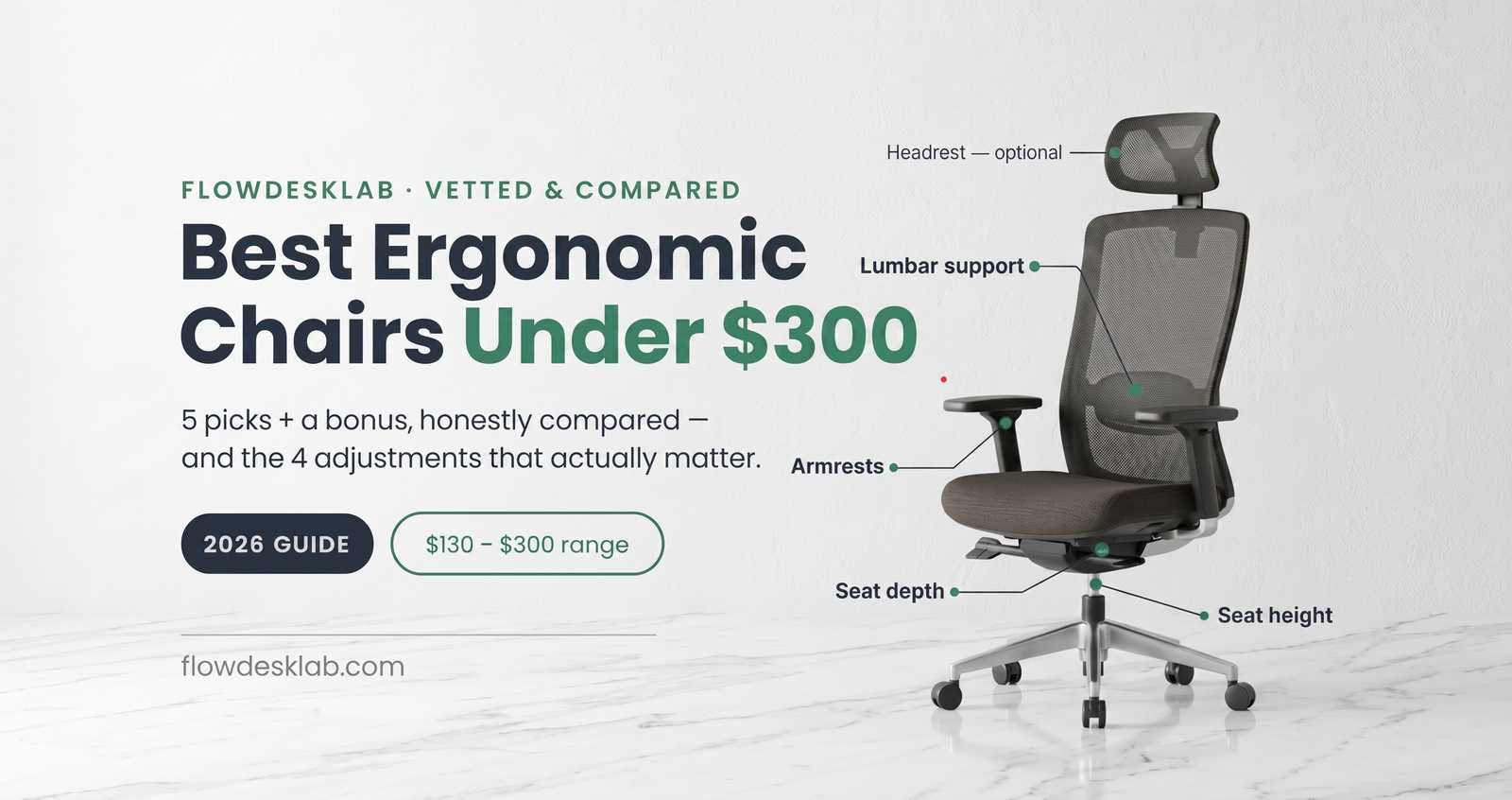Ergonomic mesh office chair under $300 with adjustable lumbar support and armrests at a home-office desk.