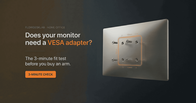 Does your monitor need a VESA adapter — FlowDeskLab 3-minute fit test, showing a monitor back with four VESA holes