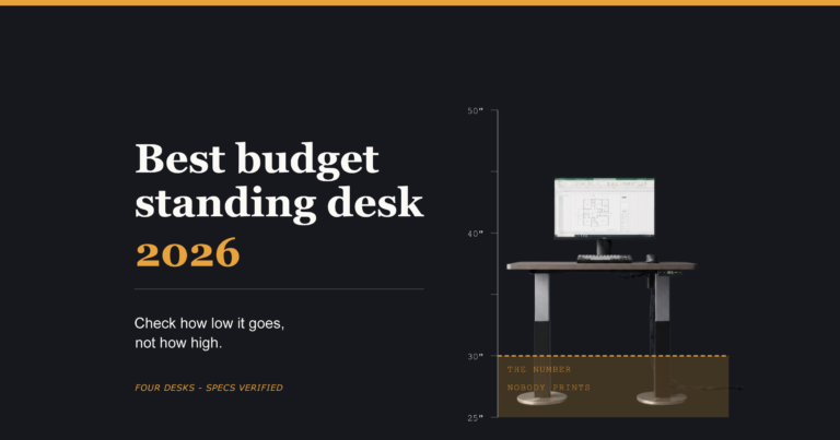 Best budget standing desk 2026 guide showing how low a desk goes matters more than how high, with a desk silhouette measured against a 29-inch line
