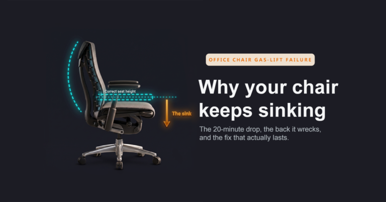Why cheap office chairs sink: seat dropped low on a worn Class 2 gas cylinder